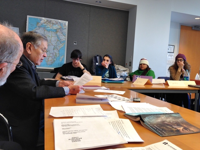 Students in Northwestern University course "Native Americans Tell Their Stories" listen to guest lecturer Charles Trimble, author of the book "Iveska," talk about the role that the federal relocation program had on urban Native Americans.